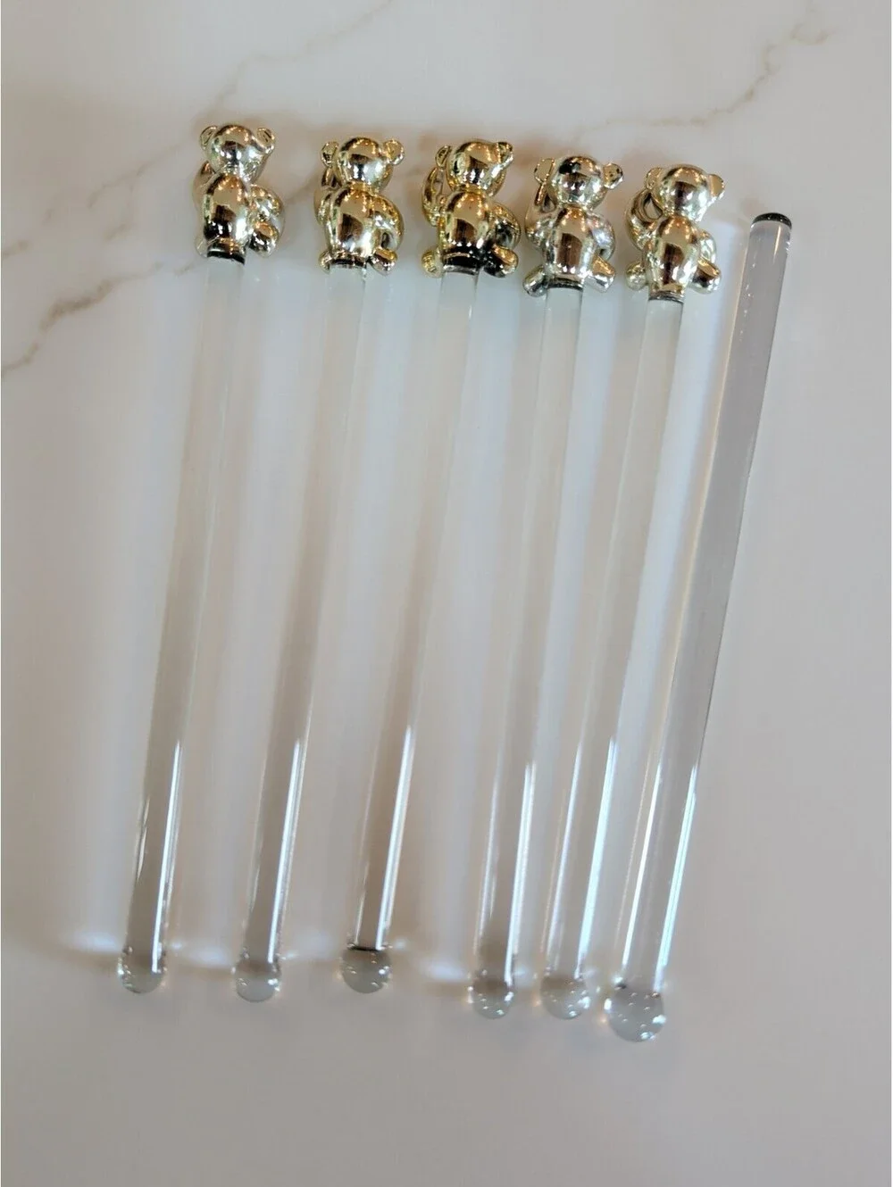 Vintage Culver Set Of 6 Gold Teddy Bear Glass Stir Sticks, Cocktail, Tea, 1980